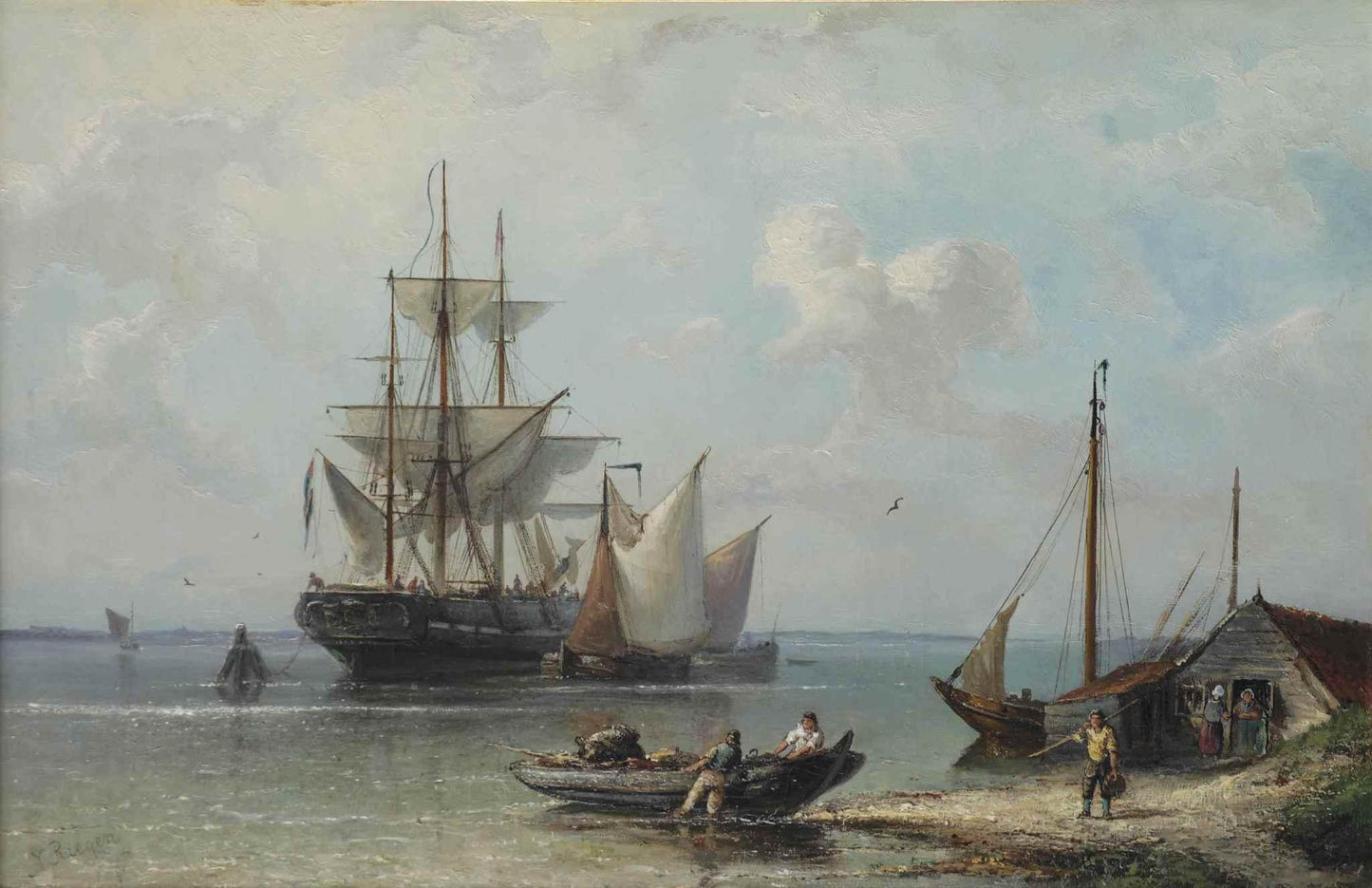 A moored three-master near the Dutch coast, vintage artwork by Nicolaas Riegen, 12x8" (A4) Poster