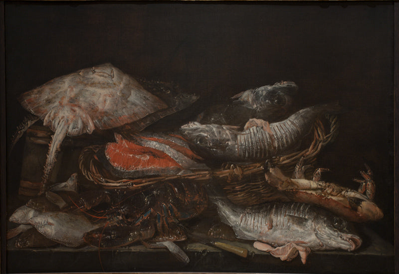 Still Life with Fish on a Stone Table, vintage artwork by Abraham van Beyeren, 12x8" (A4) Poster