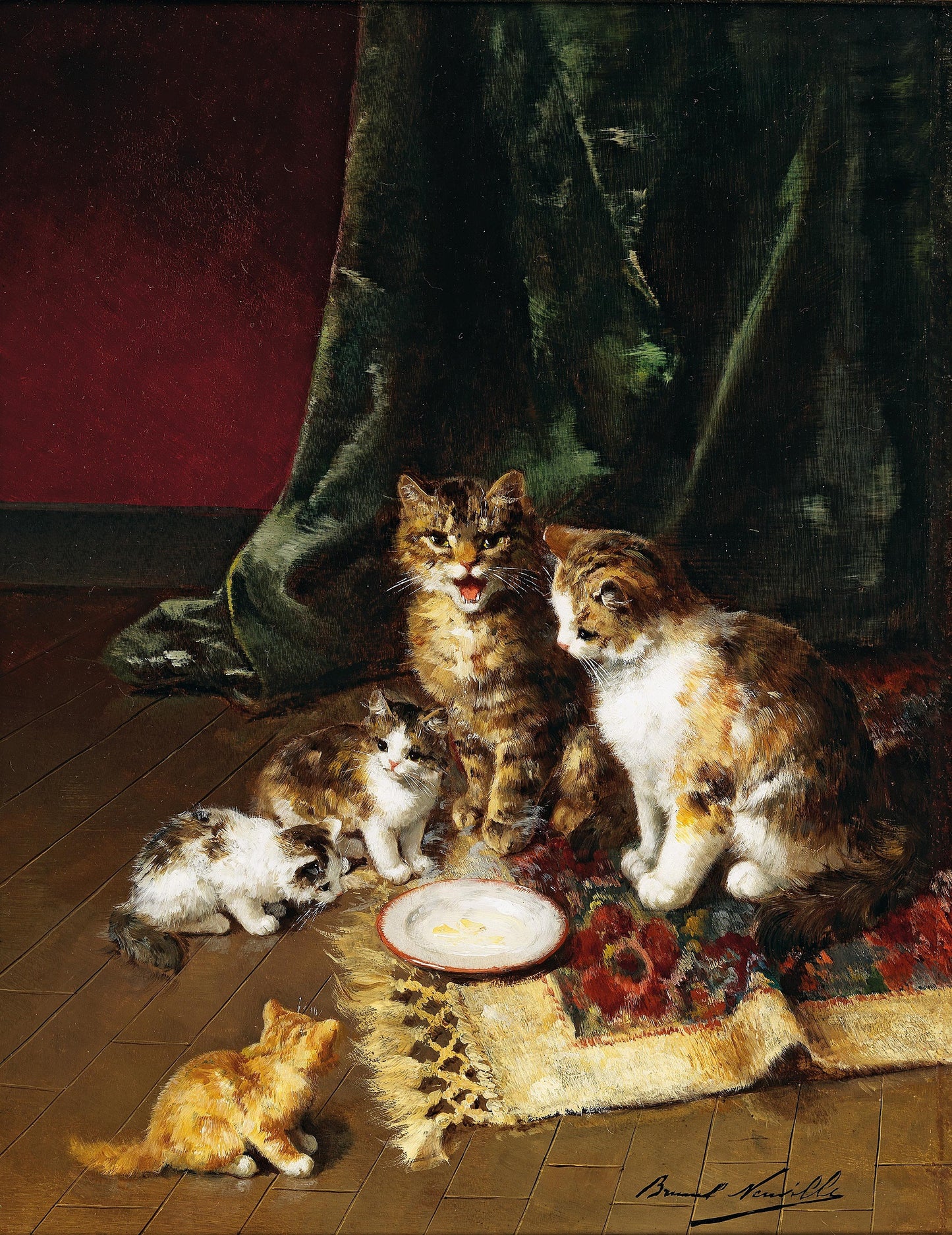 cat family, vintage artwork by Alfred Brunel de Neuville, 12x8" (A4) Poster