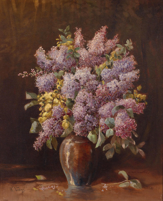 Lilacs in a Vase, vintage artwork by Karl Vikas, 12x8" (A4) Poster
