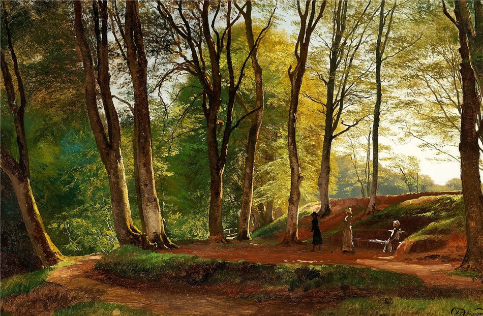 Summer day in Sæby  Skov with three young ladies strolling, vintage artwork by Carl Frederik Aagaard, 12x8" (A4) Poster