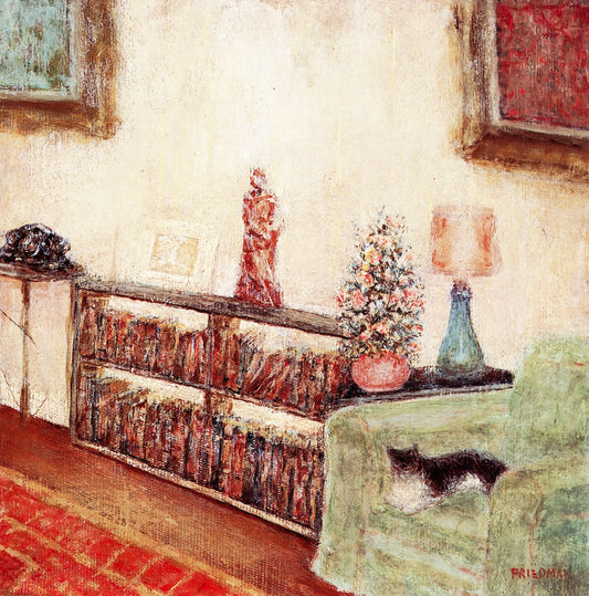 Interior with Cat and Bookcase, vintage artwork by Arnold Friedman, 12x8" (A4) Poster