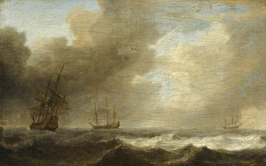 A Dutch Ship Lying-to in a Strong Breeze, vintage artwork by Willem van de Velde the Younger, 12x8" (A4) Poster