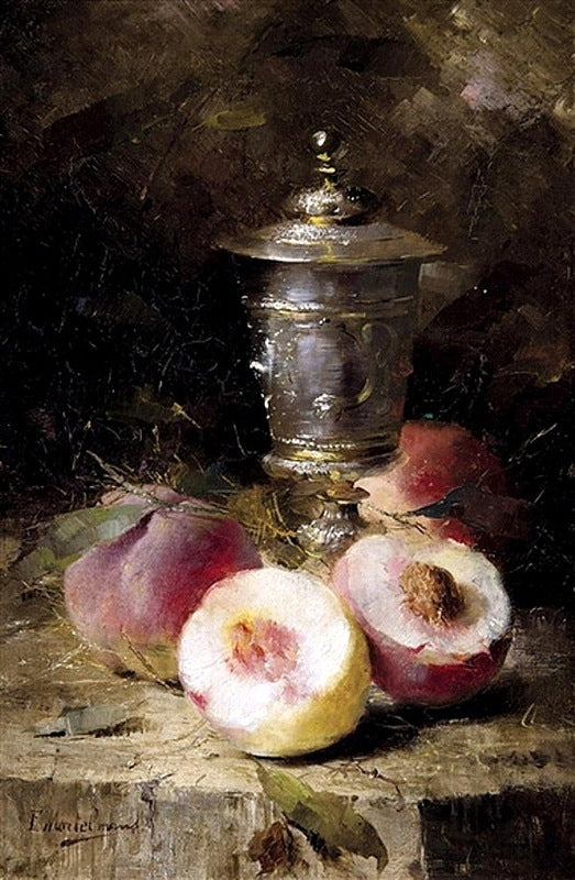Cup and peaches on the table by Frans Mortelmans,A3(16x12")Poster