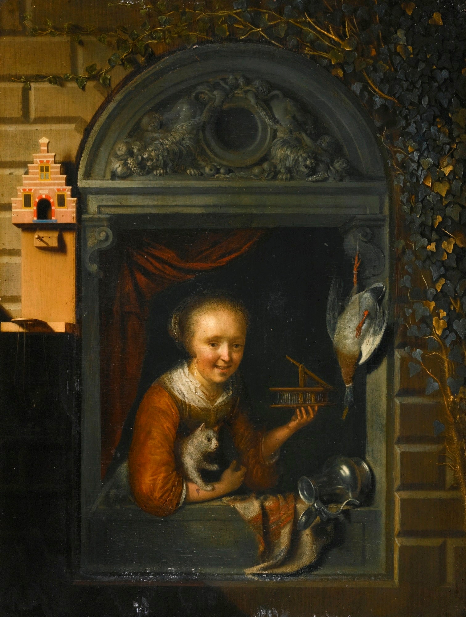 A Young Girl at a Window Ledge with a Cat and a Mouse-Trap, vintage artwork by Gerrit Dou, 12x8" (A4) Poster