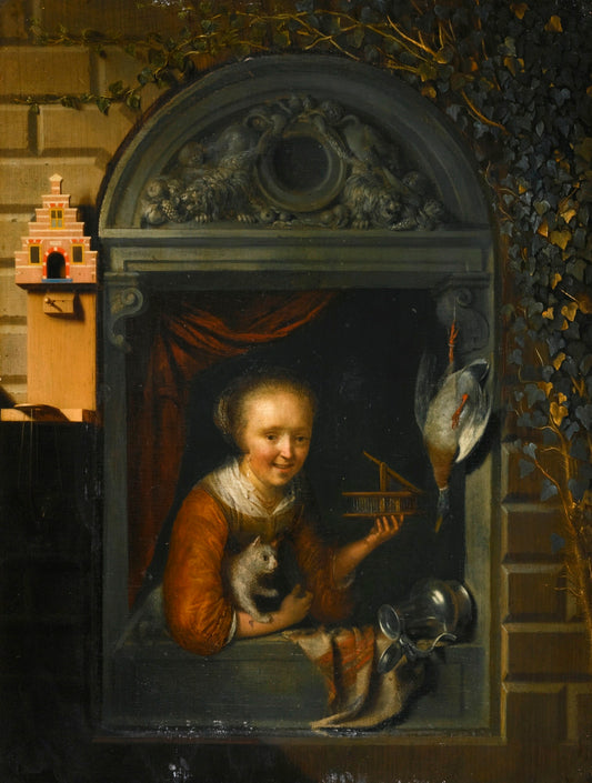 A Young Girl at a Window Ledge with a Cat and a Mouse-Trap, vintage artwork by Gerrit Dou, 12x8" (A4) Poster