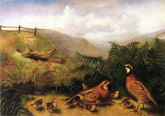 Landscape with Quail - Cock, Hen and Chickens, vintage artwork by Rubens Peale, 12x8" (A4) Poster