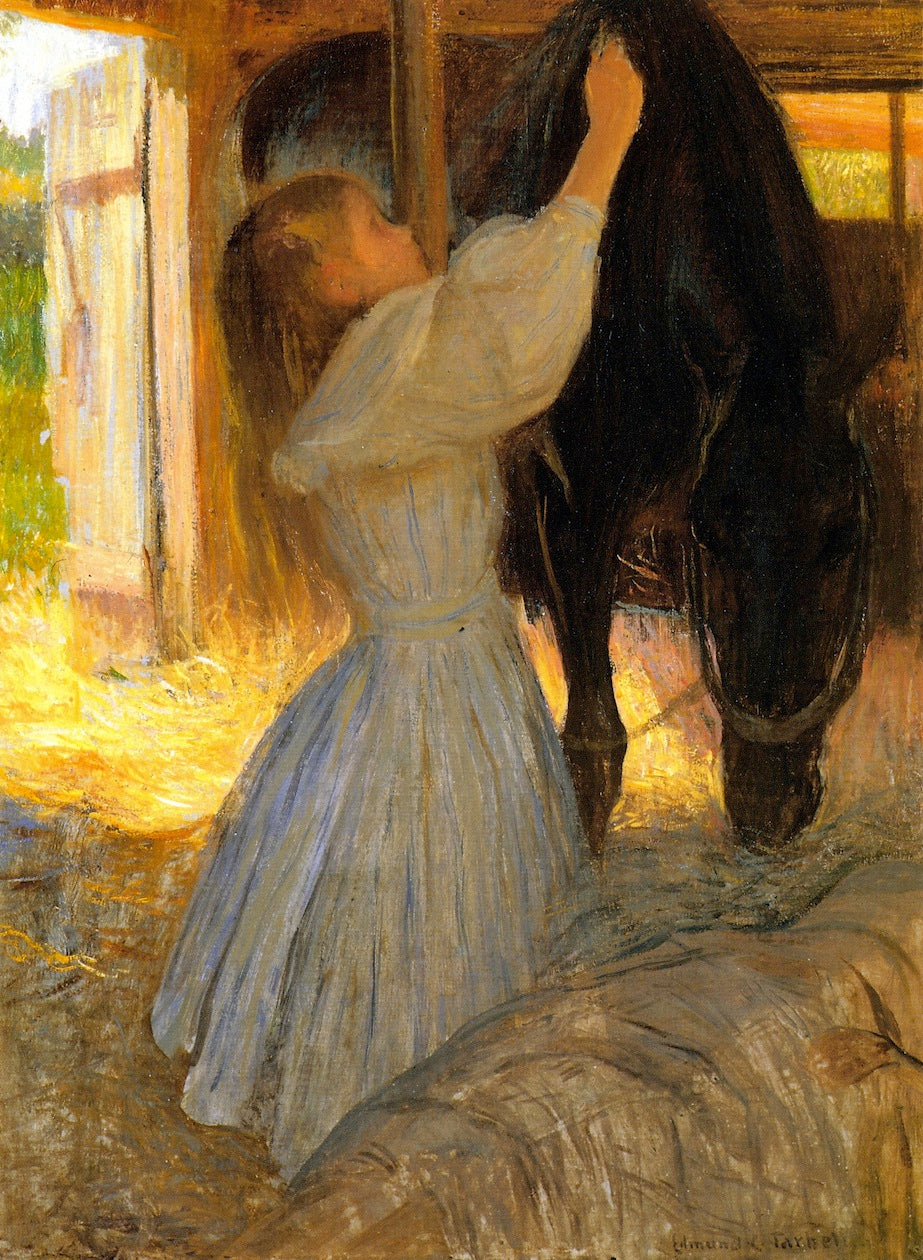 Child Grooming a Horse, vintage artwork by Edmund Tarbell, 12x8" (A4) Poster