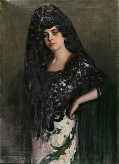 Mujer con mantilla, vintage artwork by Ramon Casas y Carbó, 12x8" (A4) Poster