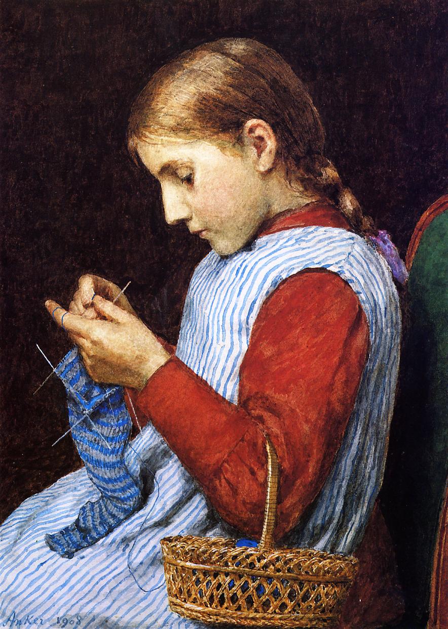Girl Knitting, vintage artwork by Julian Alden Weir, 12x8" (A4) Poster