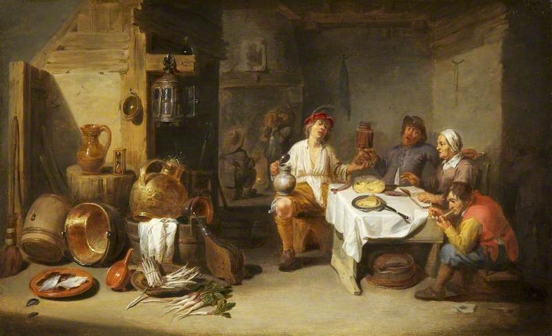 A Poor Company at Table in a Rustic Kitchen, vintage artwork by Willem van Herp the Elder, 12x8" (A4) Poster