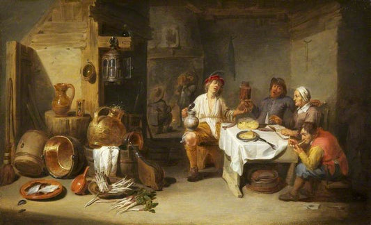 A Poor Company at Table in a Rustic Kitchen, vintage artwork by Willem van Herp the Elder, 12x8" (A4) Poster