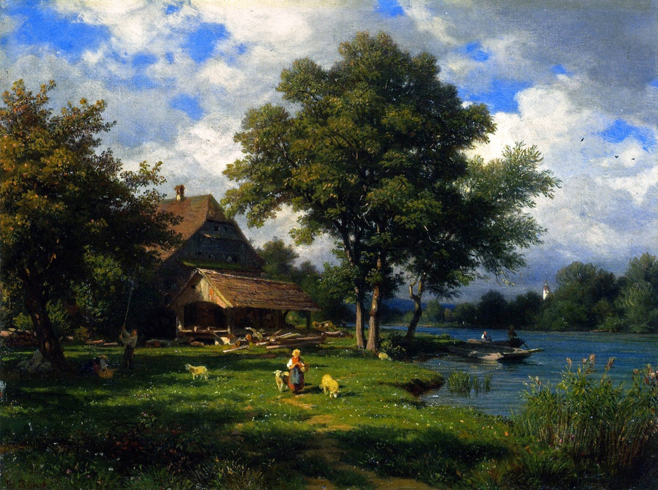 The Mill of Rathausen, vintage artwork by Robert Zünd, 12x8" (A4) Poster