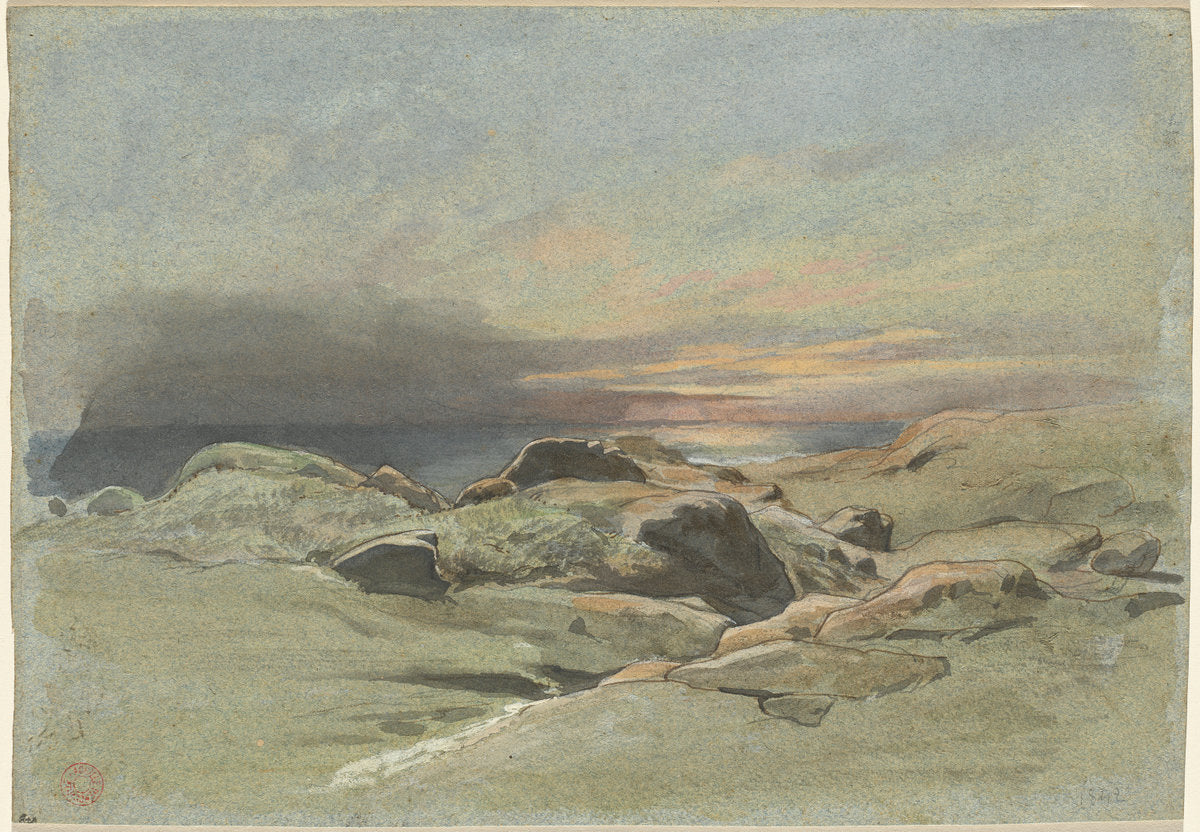Sunset from a Rocky Coastline, vintage artwork by Jean-Achille Benouville, A3 (16x12") Poster Print