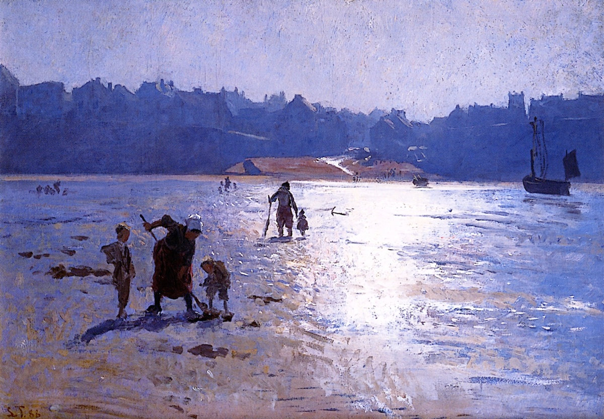 Collecting Mussels at Low Tide at Le Portal, France, vintage artwork by Laurits Tuxen, 12x8" (A4) Poster