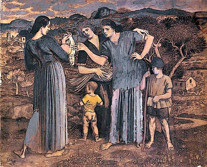 Mothers and Children in a Landscape, vintage artwork by Derwent Lees, 12x8" (A4) Poster
