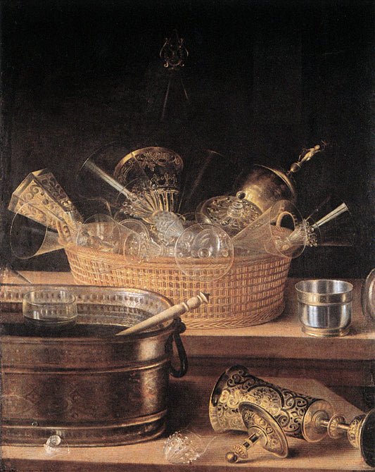 Still Life with Panier and Glasses, vintage artwork by Sebastien Stoskopff, 12x8" (A4) Poster