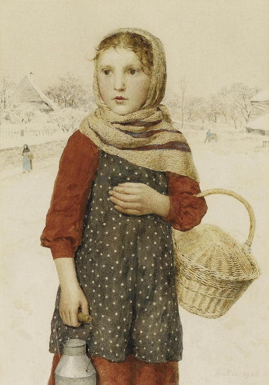 Girl in a Winter Landscape, vintage artwork by Albert Anker, 12x8" (A4) Poster