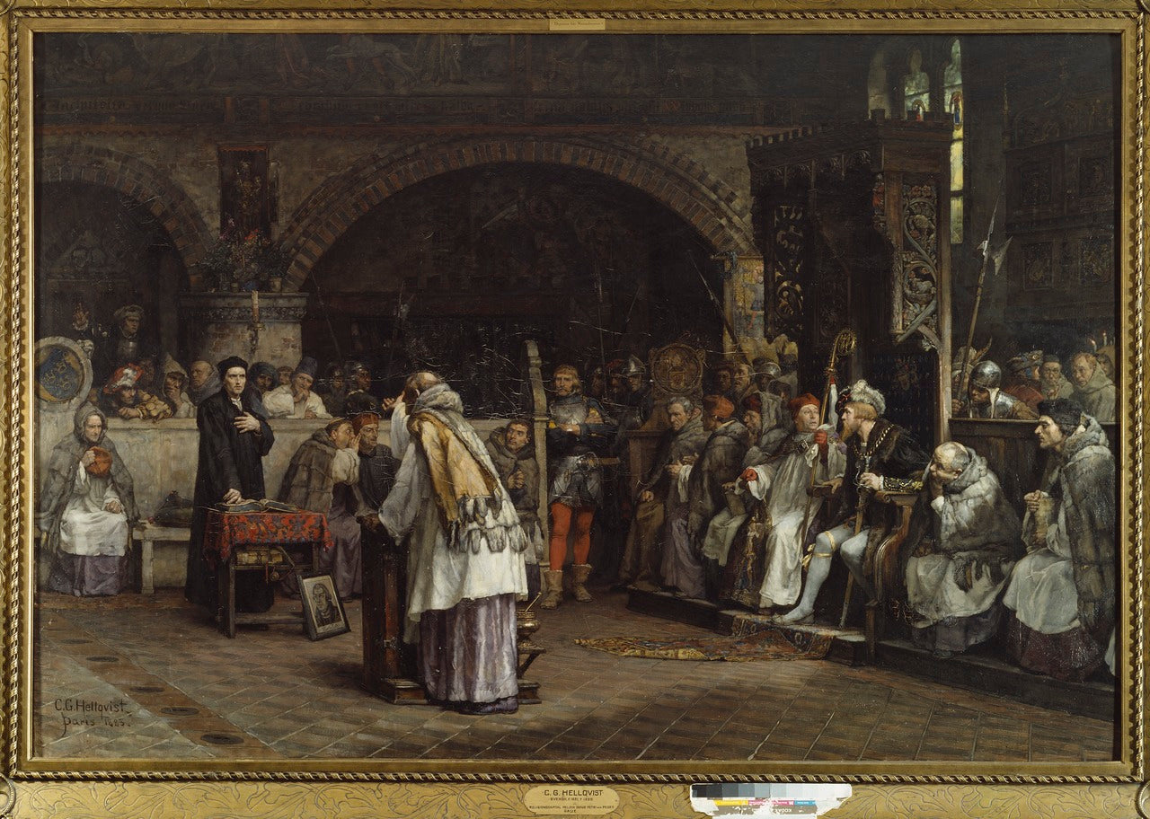 Religious Discourse between Olaus Petri and Peder Galle, vintage artwork by Carl Gustav Hellqvist, 12x8" (A4) Poster