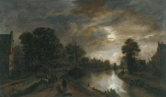 Moonlit Landscape with a Road beside a Canal, vintage artwork by Aert van der Neer, 12x8" (A4) Poster