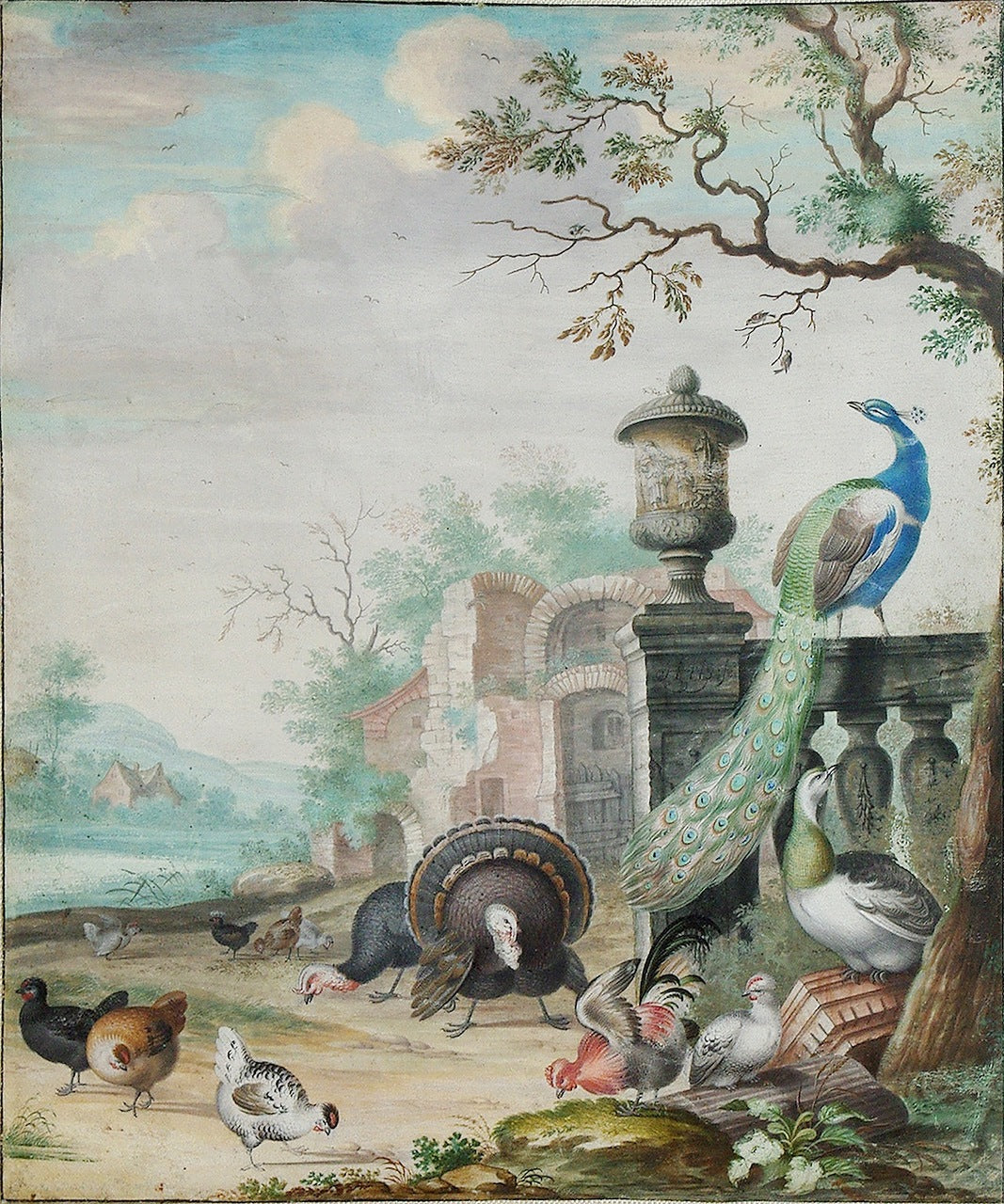 A Peacock, A Parrot and other Exotic Birdes in a Park Landscape, vintage artwork by Herman Henstenburgh, 12x8" (A4) Poster