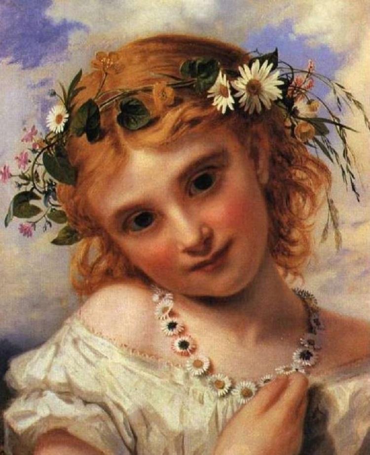 Young Girl with a Garland of Marguerites, vintage artwork by Sophie Gengembre Anderson, 12x8" (A4) Poster