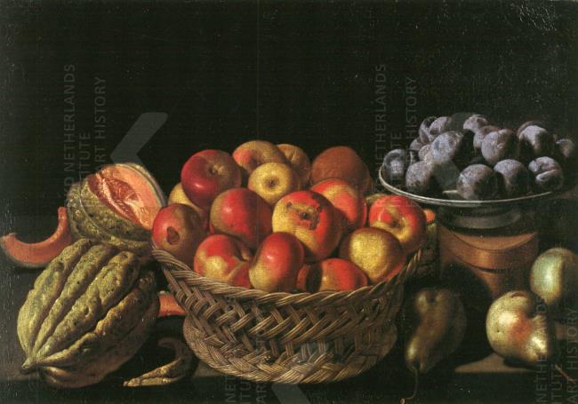 Still Life with Apples, Pears, Melons and Prunes, vintage artwork by Evaristo Baschenis, 12x8" (A4) Poster
