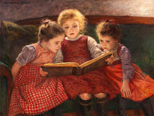 Three reading girls, vintage artwork by Walther Firle, 12x8" (A4) Poster