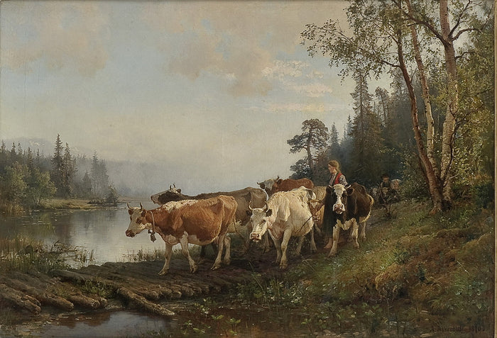 Moving the Cattle, vintage artwork by Anders Monsen Askevold, 12x8