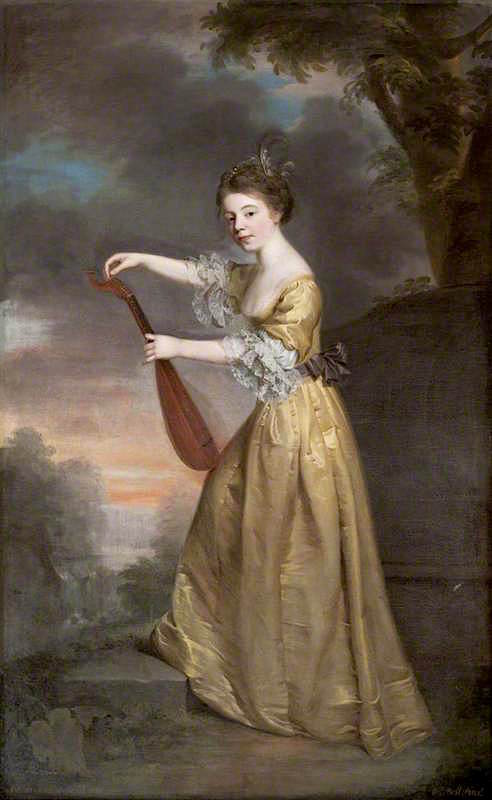 Sophia Anne Delaval, Later Mrs Jadis, Tuning a Mandolin in a Landscape Setting, vintage artwork by William Bell, 12x8" (A4) Poster