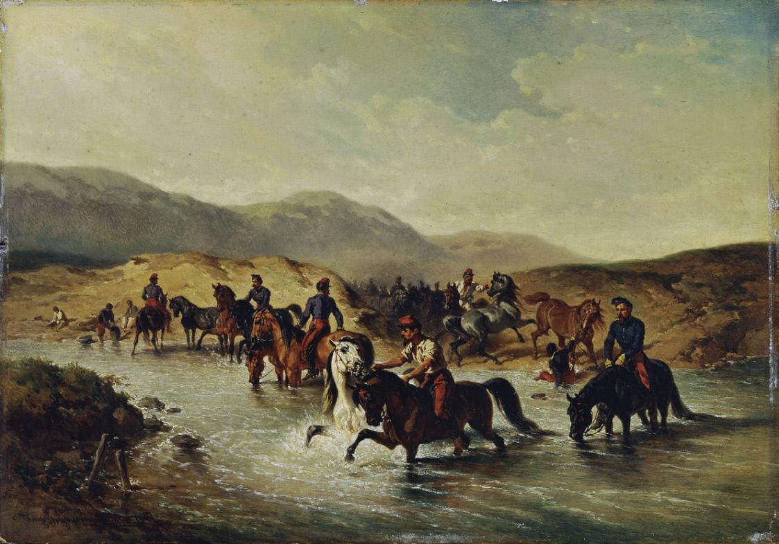 French Cavalry Crossing a Stream, vintage artwork by Joseph Strassgschwandtner, 12x8" (A4) Poster