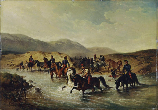 French Cavalry Crossing a Stream, vintage artwork by Joseph Strassgschwandtner, 12x8" (A4) Poster