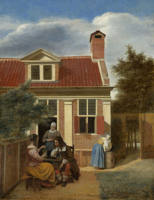 Figures in a Courtyard behind a House, vintage artwork by Pieter de Hooch, 12x8" (A4) Poster