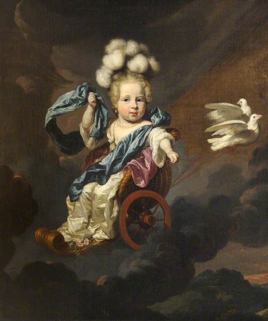 Portrait of a Baby  Girl as Venus with a Chariot Drawn by  Doves, vintage artwork by Nicolaes Maes, 12x8" (A4) Poster