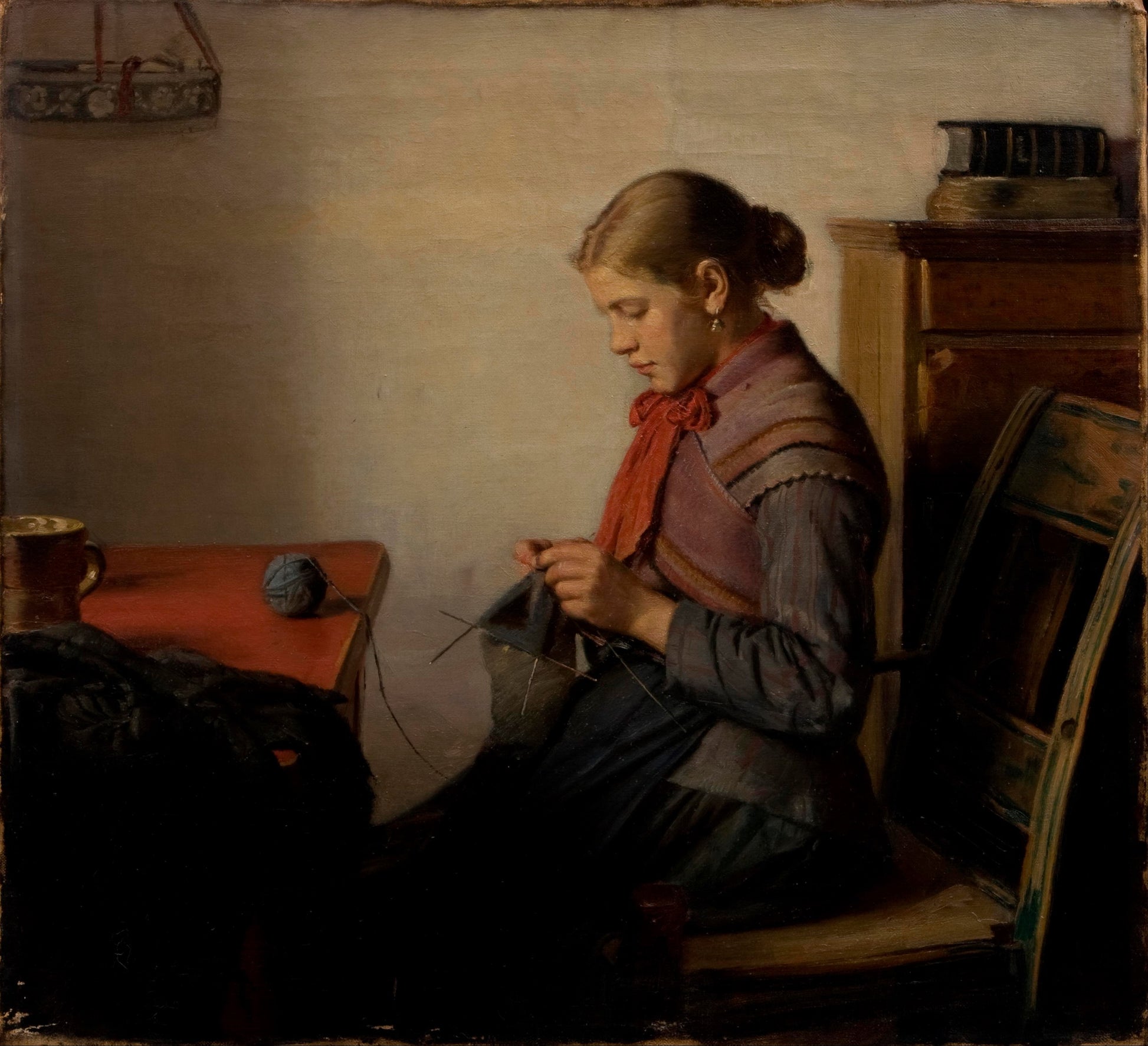 Skagen Girl, Maren Sofie, Knitting, vintage artwork by Michael Peter Ancher, 12x8" (A4) Poster