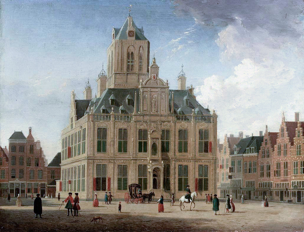 Delft, View of the Town Hall seen from the Grote Mark, vintage artwork by Jan ten Compe, 12x8" (A4) Poster