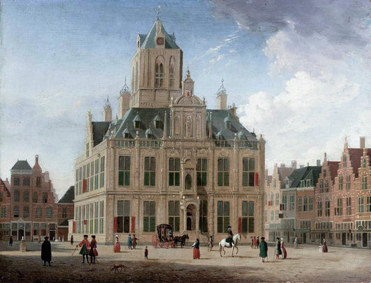 Delft, View of the Town Hall seen from the Grote Mark, vintage artwork by Jan ten Compe, 12x8" (A4) Poster