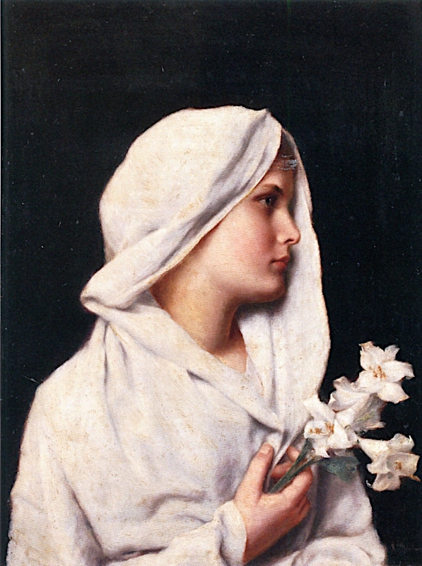 Profile of a Young Woman, Draped in White, Holding a Lily, vintage artwork by Alfred Seifert, 12x8" (A4) Poster