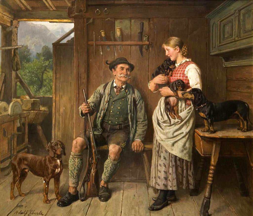 Maid, huntsman and dachshund family, vintage artwork by Adolf Eberle, 12x8" (A4) Poster