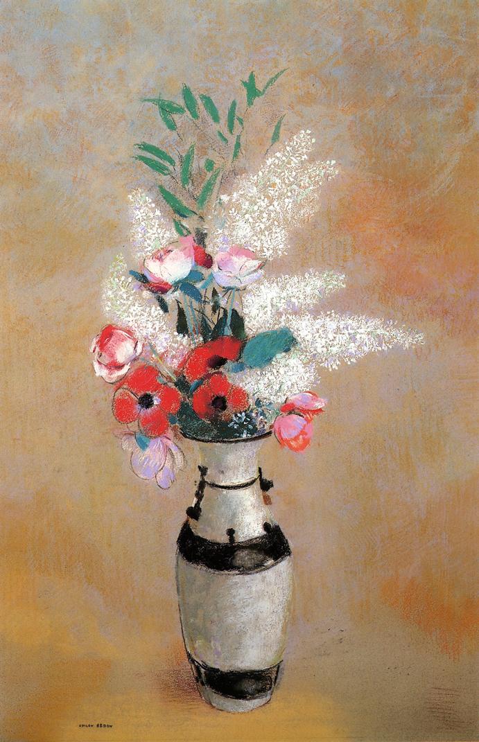 Bouquet with White Lilies in a Japanese Vase, vintage artwork by Odilon Redon, 12x8" (A4) Poster