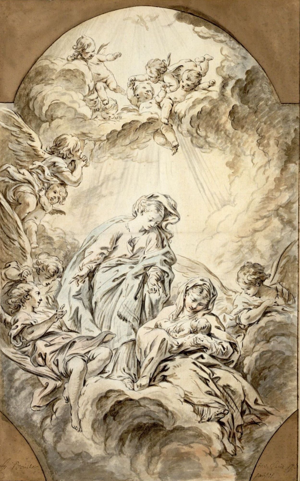 Adoration of the Christ Child by  Mary and Saints, vintage artwork by François Boucher, 12x8" (A4) Poster