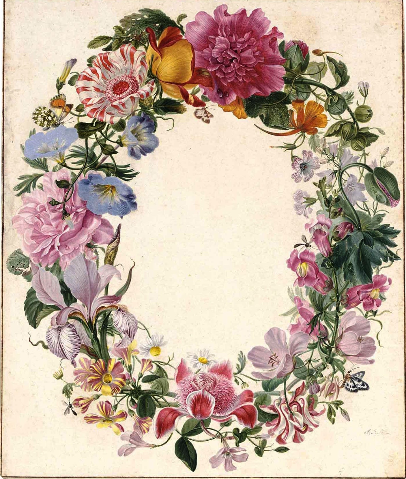 A Wreath of Various Flowers, vintage artwork by Johannes van Bronckhorst, 12x8" (A4) Poster