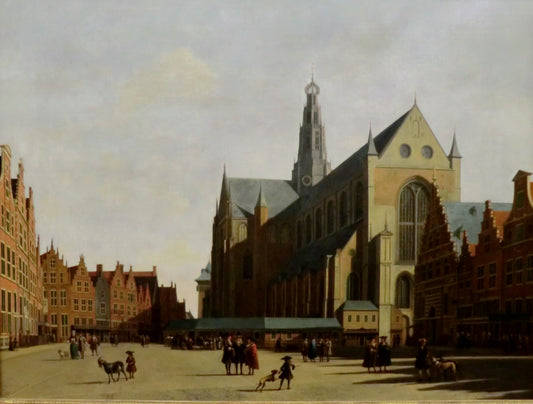 View of the Grand Market and the Church of Saint-Bavon in Haalem, vintage artwork by Gerrit Adriaensz.Berckheyde, 12x8" (A4) Poster