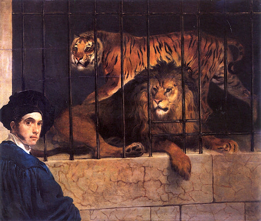 A Lion and a Tiger in a Cage with a Portrait of the Artist, vintage artwork by Francesco Paolo Hayez, A3 (16x12") Poster Print