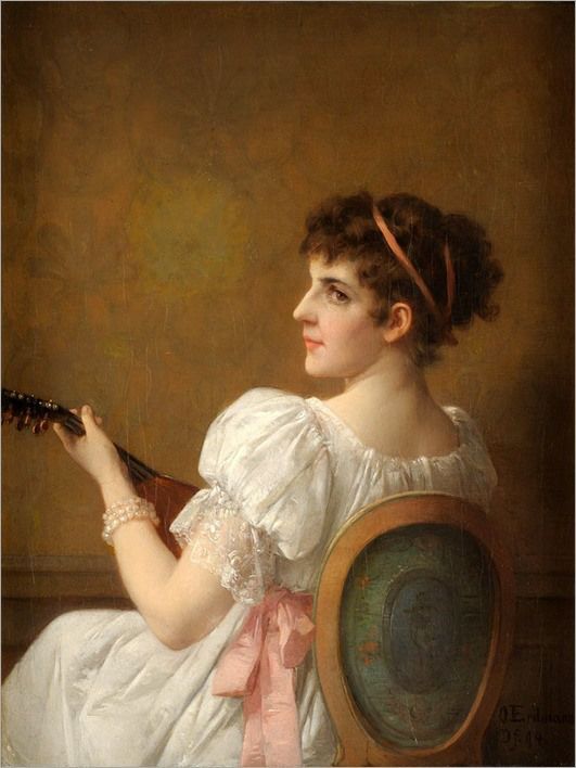 Seated lady in white dress playing mandolin, vintage artwork by Otto Erdmann, 12x8" (A4) Poster