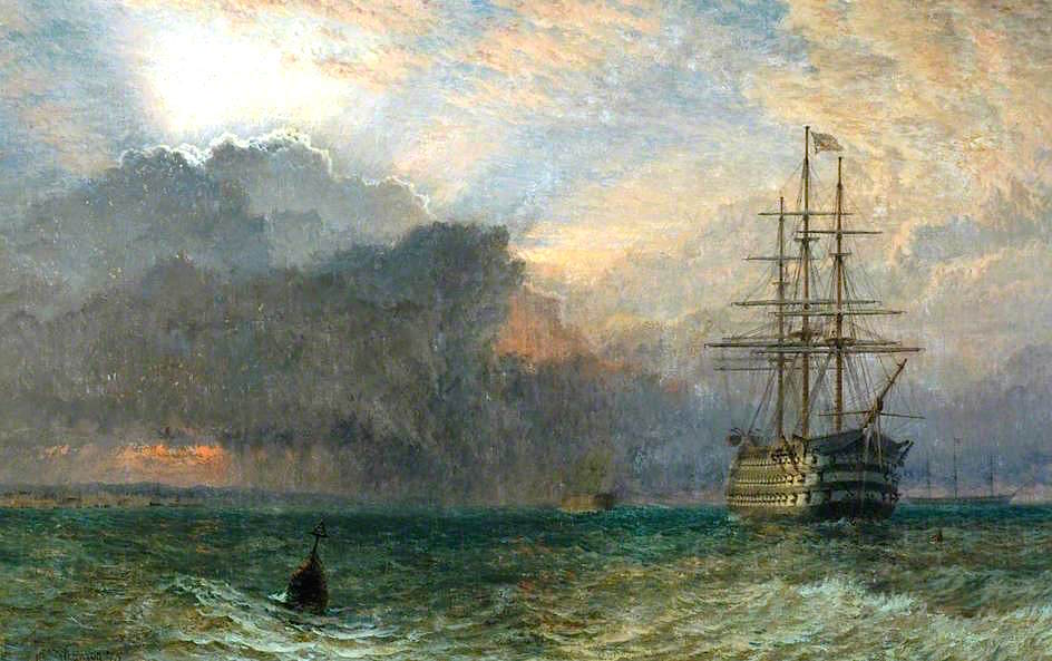 Man-of War and a Stormy Sunset: The Guardship, vintage artwork by Henry Dawson, A3 (16x12") Poster Print