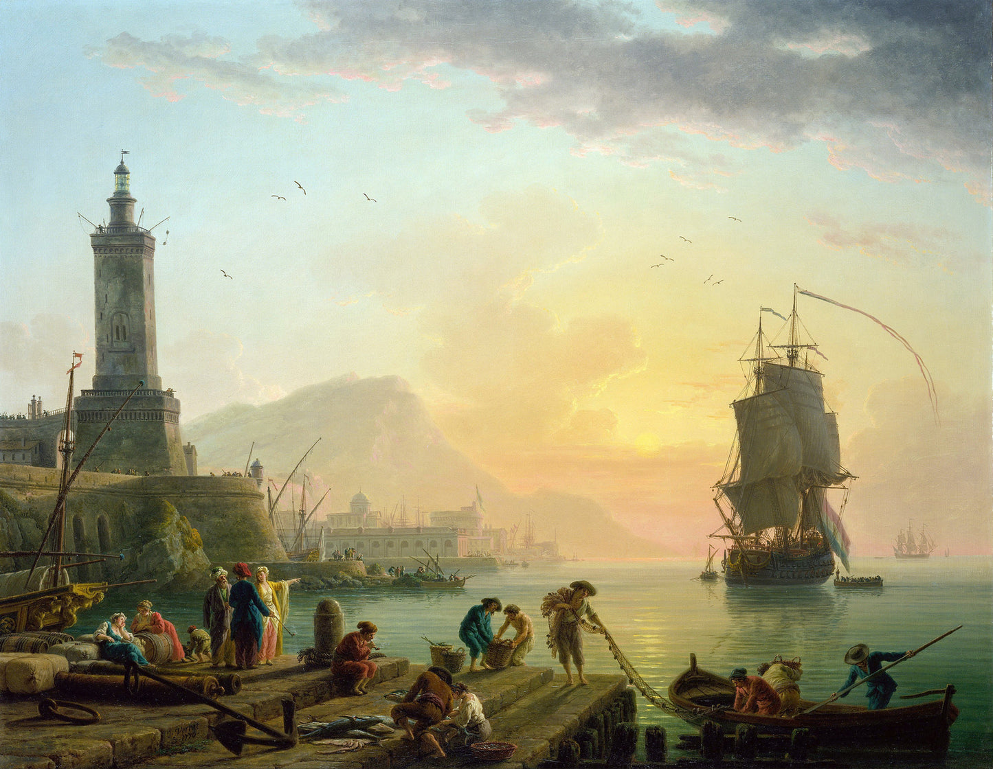Calm at a Mediterranean Port, vintage artwork by Claude-Joseph Vernet, 12x8" (A4) Poster