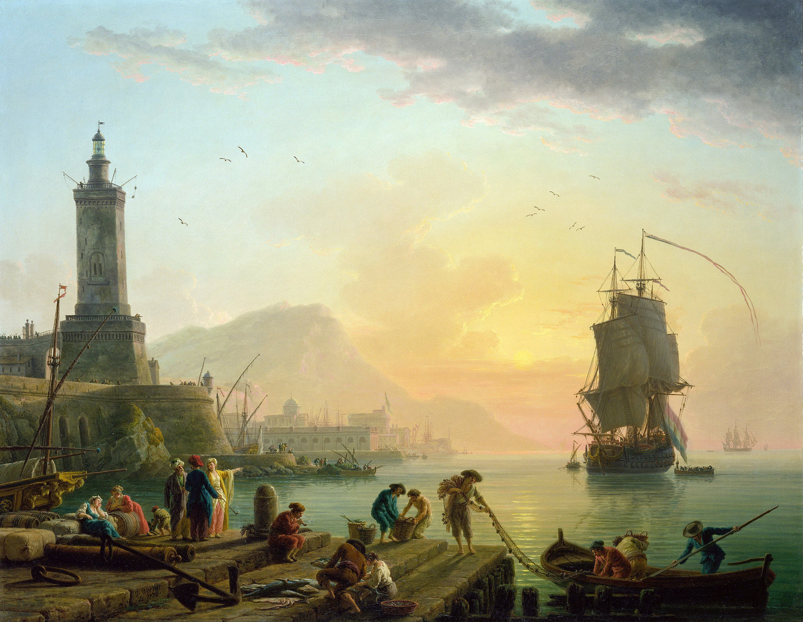 Calm at a Mediterranean Port, vintage artwork by Claude-Joseph Vernet, 12x8" (A4) Poster