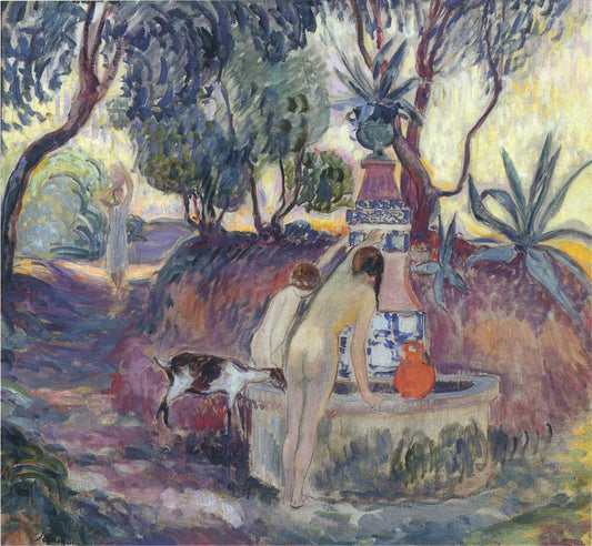 Bathers at a fountain in Saint Tropez, vintage artwork by Henri Lebasque, 12x8" (A4) Poster