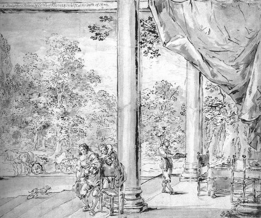 Figures in a Loggia, vintage artwork by Leonaert Bramer, 12x8" (A4) Poster
